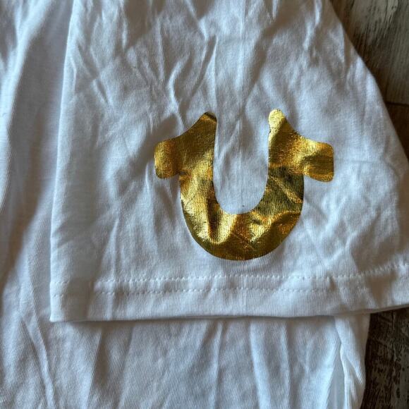 True Religion Basic White Short Sleeve T-Shirt XL Crew Neck Gold Print Logo - Picture 5 of 7